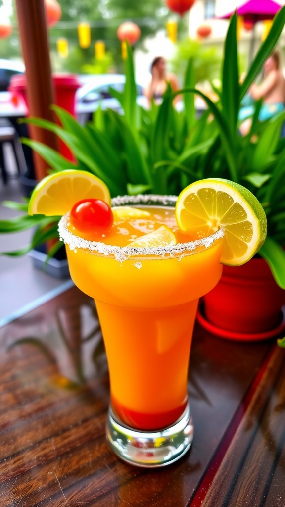 Zesty margarita in a salt-rimmed glass with lime and fruit garnishes on a sunny patio.